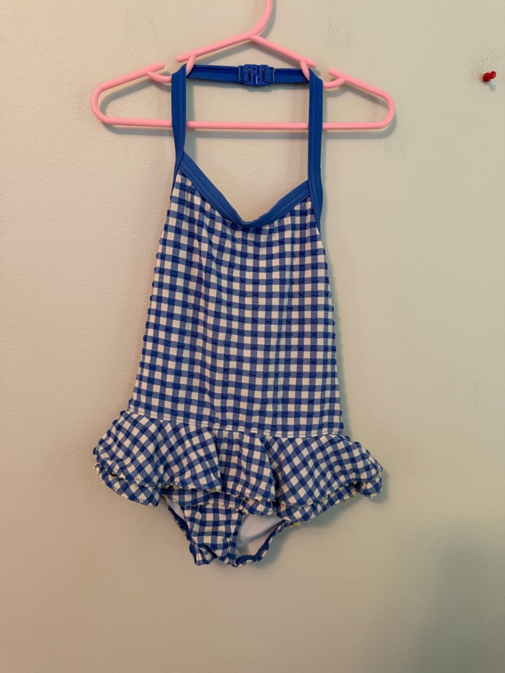 Mini Boden Blue and White Gingham Ruffle One-Piece Swimsuit